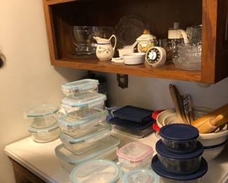 Three piece, Roseville, mixing bowls, lock in lock sets, pyrex glass storage bowls, dishes and glasses, pots and pans, canister set.