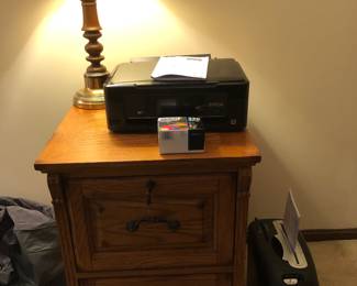 Quality two drawer, oak filing cabinet with key. Lamps, printer, paper shredder, Intex air mattress with built-in motor and two other air mattresses.
