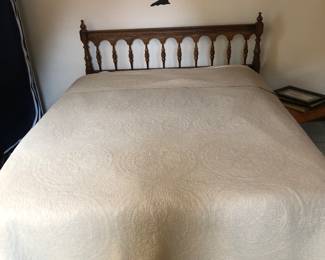 Wood spindle bed with Sealy mattress, queen size. This room has a dresser with mirror, two stifle lamps. clothing, Quality luggage, cloth, clothes, wardrobe, Queen, memory, foam, mattress, topper, and closets are loaded!