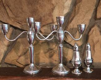 Pair of vintage, three armed sterling silver Duchin Creation Candelabras, pair of Duchin Creation sterling silver waited salt and pepper shakers.