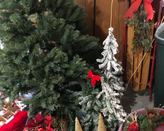 New pre-lit 6 foot Christmas tree, vintage sled, and other Christmas trees.