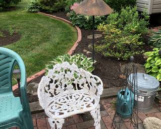 Four piece, green patio, plastic chair set and white set, heavy rod, iron garden chair.
