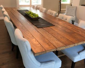 Blue dining chairs from Safavieh are for sale. Unfortunately, this beautiful dining room table is staying with the house!