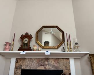 Reverse painted mantle clock and gold mirror