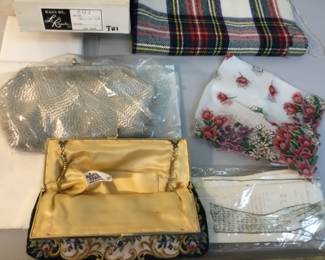 Vintage clutch handbags, linens, gloves $50
