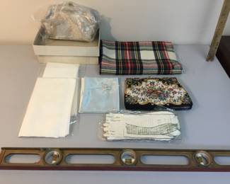 Vintage clutch handbags, linens, gloves $50