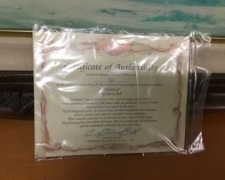 Large framed art by Marty Bell, signed number 42/1200. “HOLLYBUSH”. Has certificate $225