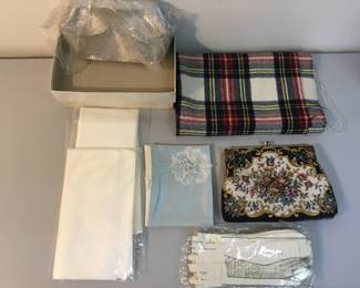 Vintage clutch handbags, linens, gloves $50