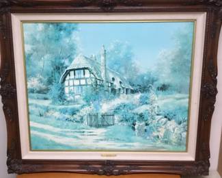 Large framed art by Marty Bell, signed number 42/1200. “HOLLYBUSH”. Has certificate $225