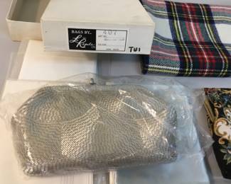 Vintage clutch handbags, linens, gloves $50