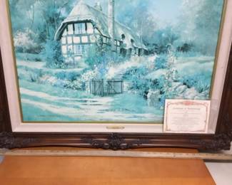 Large framed art by Marty Bell, signed number 42/1200. “HOLLYBUSH”. Has certificate $225