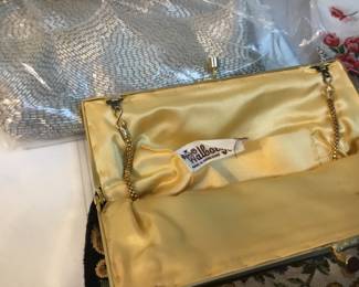 Vintage clutch handbags, linens, gloves $50