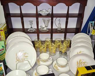 Homer Laughlin "Golden Wheat" china and glasses set