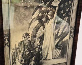 Large selection of framed artwork and lithographs. Framed 1919 lithograph "Columbia Gives to Her Son the Accolade of New Chivalry of Humanity". W W 1 veteran's certificate