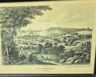 Part 2 of 2 large collection of St. Joseph, Missouri memorabilia. "ST. JOSEPH, MO 1850." framed copy from the original drawing made in 1850