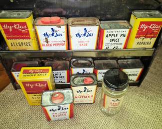"Hy-Klas" spice tins, bottle and box and IGA spice rack