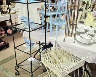 Vintage lawn cart and cast iron 4 shelf displayer