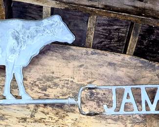 Large selection of primitives!! Primitive cow weather vane, large wood dough bowl and wood cubby.