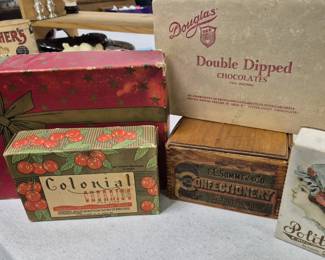 Various St. Joseph vintage candy boxes. "F. L. Sommer & Co. Confectionery" wood candy box w/ sliding top, "Douglas" Chocolates box, "Politz Confectionery" box and a pair of "La Salle Candy Co." chocolate boxes