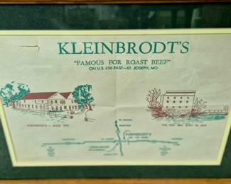 "Kleinbrodt's Famous For Roast Beef" framed paper placemat