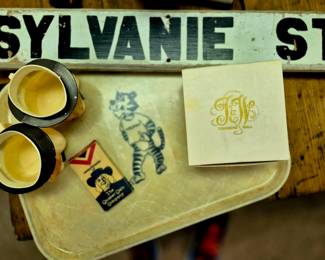 "Truman Middle School" tray, "Quaker Oats collectibles, "Townsend and Wall' and "Sylvanie St." painted street house sign