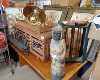 Vintage Hand Carved & Hand Painted Wood Indian. Vintage Lobster Trap Glass Top Coffee Table.