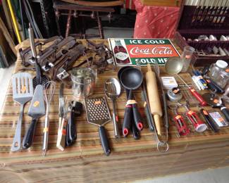 Antique Animal Traps, Kitchen Utensils, Metal Coca-Cola Sign