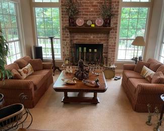 Brass, mint condition love seats, solid wood coffee table
