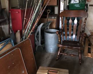 Filled large tackle box $20 - fishing rods with reels $2 each  - Fishing rods w/o reels $1 each - not pictured small filled tackle box $5 each and empty tackle box $2