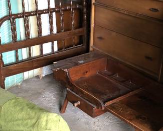 Wooden spindle twin frame and slats $20                 Vintage box springs for coils $1 each, dresser $10