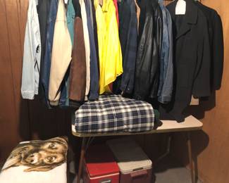 MCM kitchen table $25 - Men’s coats $2 each unless marked - Blankets $1 each unless marked.