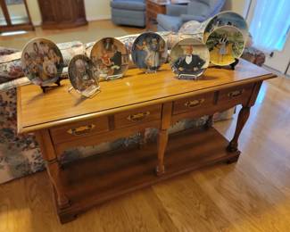 Traditional Two Drawer Maple Console Table and Variety of Vintage Collectors Plates