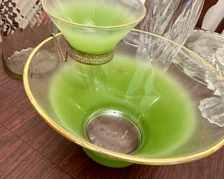 Vintage green depression glass bowl with gold rim and matching footed custard dish; charming addition to any glassware collection.