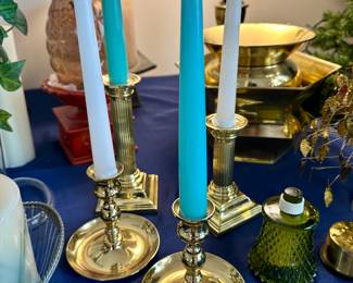 Brass candlesticks with aqua taper candles