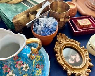 Turquoise floral dish, small creamer pitcher and brass photo frame