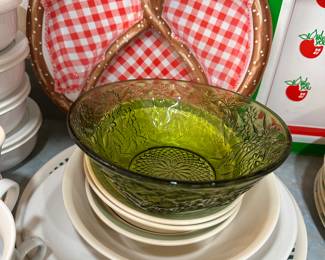 Green depression glass bowls and assorted dishware