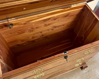Cedar-lined interior of vintage chest showing spacious storage for blankets, quilts or keepsakes.