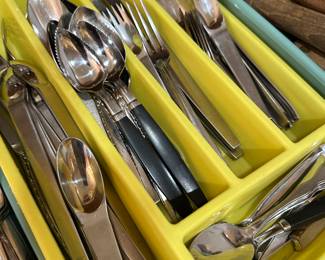 Stainless steel knives and utensils in tray