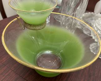 Green depression glass dessert dish with gold rim