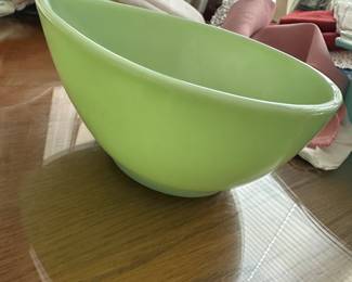 Pair of vintage green mixing bowls in graduated sizes; perfect for prepping, serving, or display.