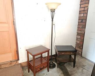 154 TwoMismatchedWoodenTablesDimmableTorchiereFloorLamp