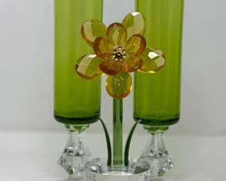 38 VintageGreenFlutedGlassCandleholdersCrystalFlower