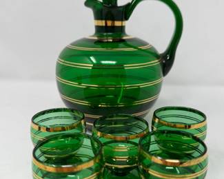 32 VintageGreenDecanterandFootedCordialGlasses