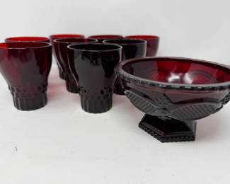 141 8AnchorHockingRubyRedRocksGlassesAvonBowl
