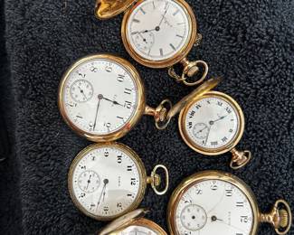 Five Elgin gold pocket watches. Sold separately.
One Fortuna pocket watch 