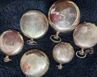 Five Elgin gold pocket watches sold separately. One Fortuna pocket watch.
