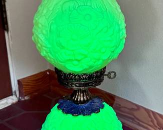 Fenton Art Glass Popply Lime Vaseline Glass Lamp - Make sure you go to our HiBid page to see all the items and more pictures.