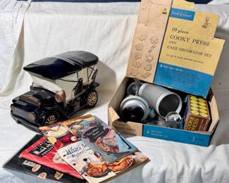 Vintage McCoy Automobile Cookie Jar, Cookbooks, Cooky Press - Make sure you go to our HiBid page to see all the items and more pictures.