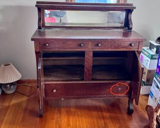 Vintage Wood Side Board with Mirror - Make sure you go to our HiBid page to see all the items and more pictures.