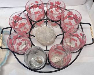 Vintage Drinking Glass set and holder - Make sure you go to our HiBid page to see all the items and more pictures.